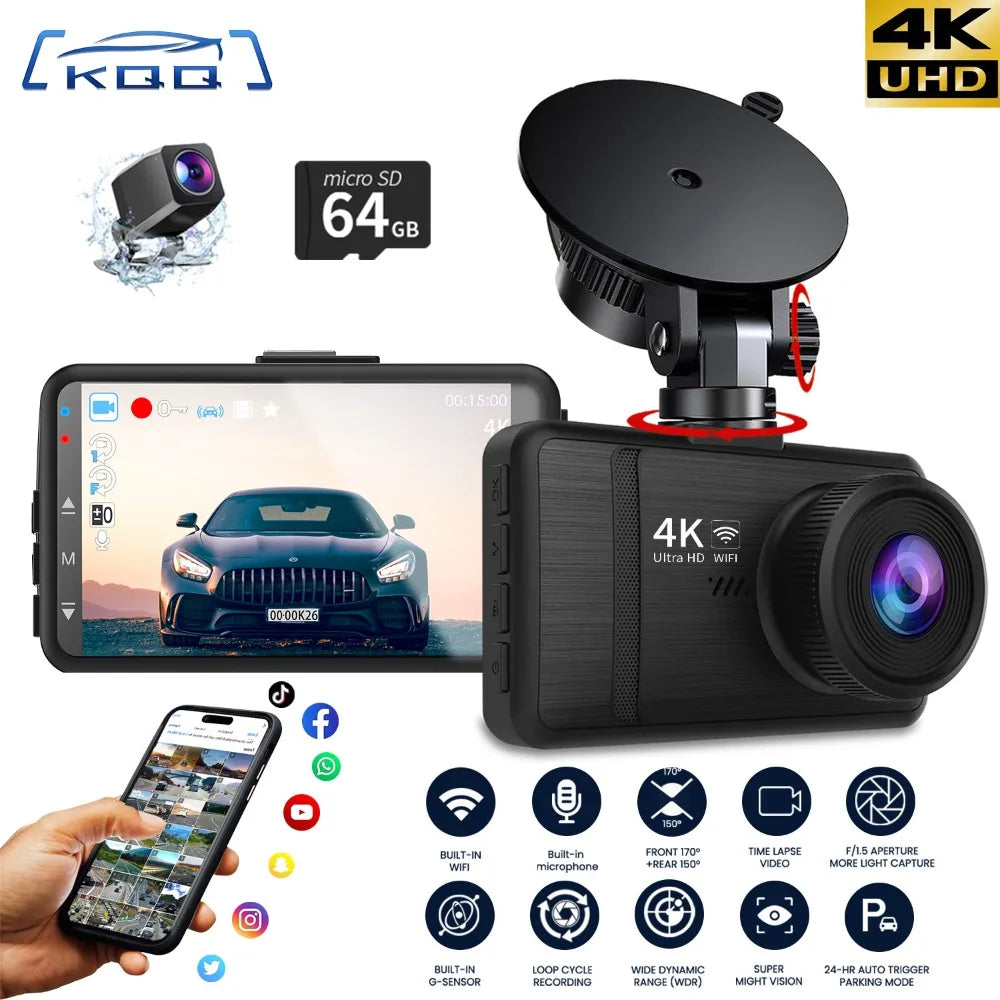 KQQ 4K Dash Camera for Car Ront and Rear Dual Lens Auto Car Dvr Built-in Wifi Support WDR Night Vision 24H Parking Monitor