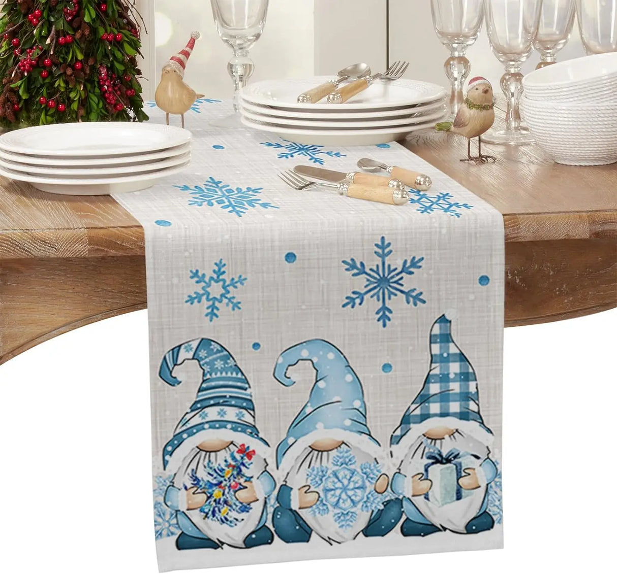 Christmas Blue Gnomes Winter Snowflake Linen Table Runners Table Decor Reusable Xmas Dining Table Runners Navidad Decorations