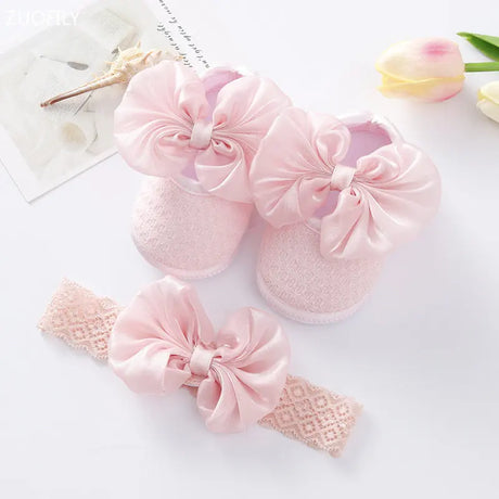 0~18M Cute Bowknot Newborn Baby Shoes Headband Set Anti Slip Toddler Infant First Walker Baby Girls Newborn Soft Sole Pink Shoes