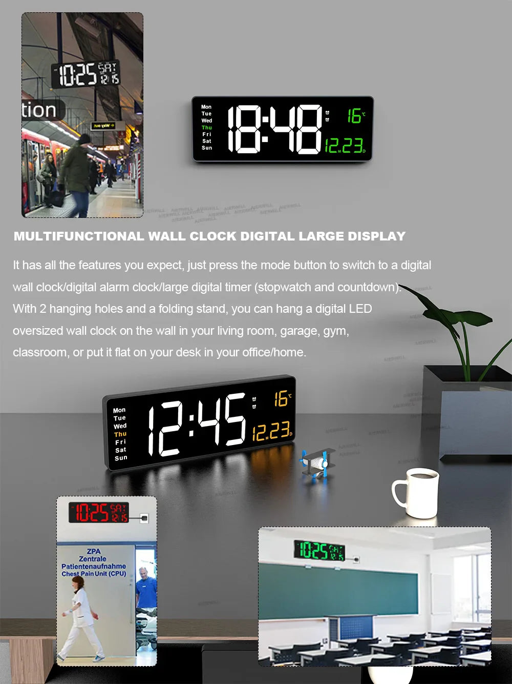 16inch Digital Wall Clock Large LED Alarm Clock Remote Control Date Week Temperature Clock Dual Alarms LED Display Clock