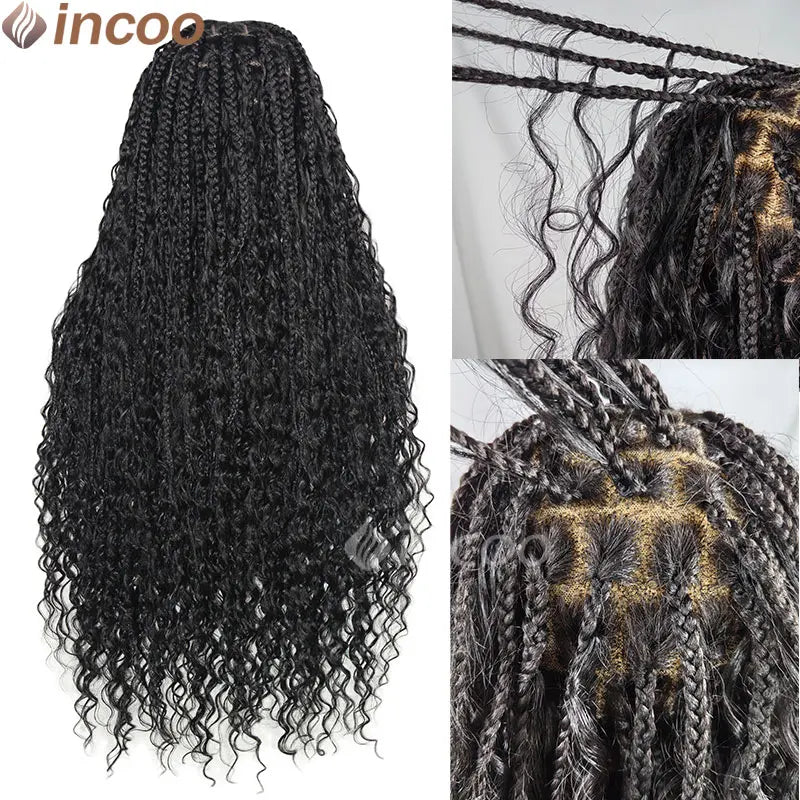 32" Full Double Lace Front Square Knotless Box Braided Wigs With Boho Curls Ends Box Braids Wig With Baby Hair Synthetic Wig 1B