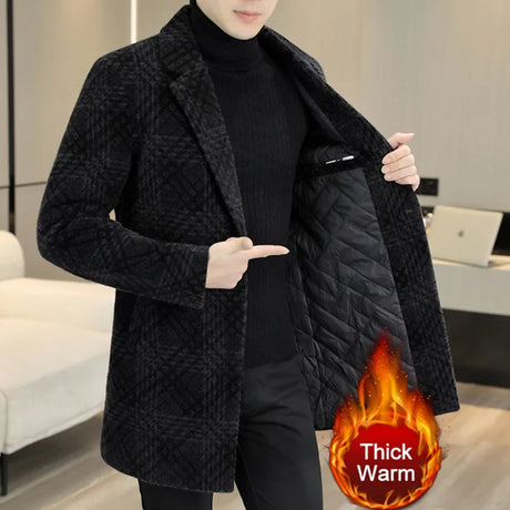 British Plaid Mens Thick Trench Coat Winter  Men's Woolblen Windbreaker Single Breasted Long Jacket Abrigo Largo Hombre