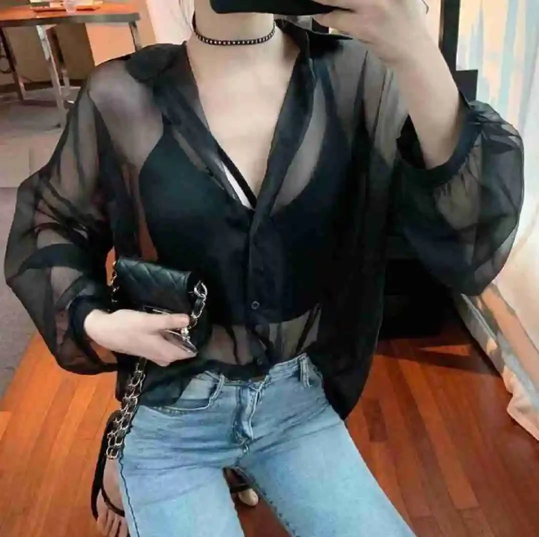 Lantern Sleeve Shirt Bubble Sleeve Perspective Mesh Mask Shirt Women's T-shirt Button Up Cardigan Transparent Blouses