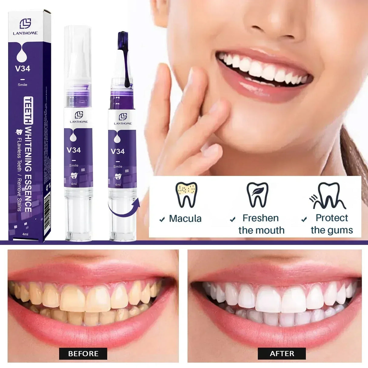 V34 Teeth Whtening Toothpaste Pen Tooth Gel Brighten Clean Serum Stains Remover Travel Partable Purple Color Toothpaste Pen