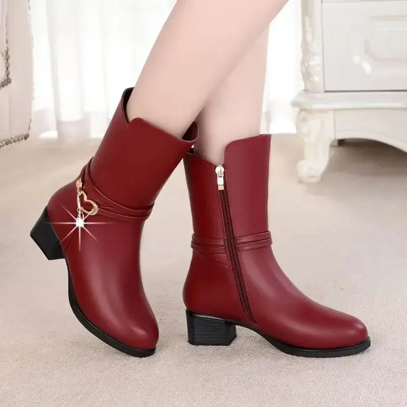 Mid-tube Boots Women's Winter Ankle Boots Female Students Thick-heeled New Mother Boots Round Toe Woman's Shoes Cotton Boots