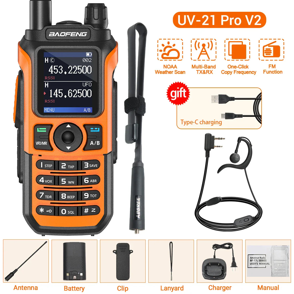 Baofeng UV-21 PRO V2 Walkie Talkie Wireless Copy Frequency 16 KM Long Range TYPE-C Two Way Radio Ham CB Radio UV-5R UV-17