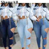 Plus Size Street Asymmetrical Cut Hole Stretchy Skinny Jeans 3XL Women Party Club Outfits Sexy Riped Mid Waist Pencil Denim Pant