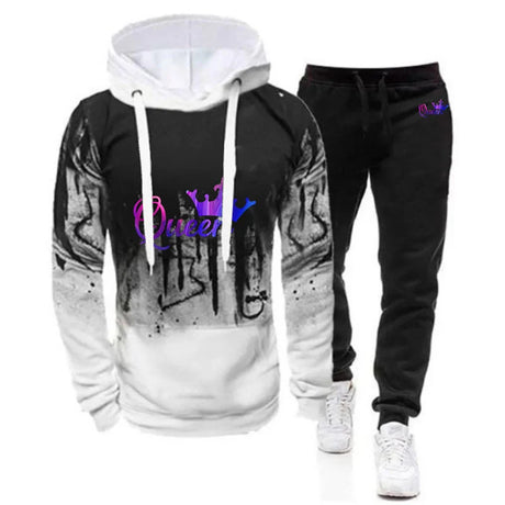 2024 King Queen Lovers Couples Print Popular Sports Cotton Set Spring Autumn Mens Gradient Color Hoodies+Jogging Sweatpants Suit