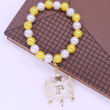 Stylish Stretch Elastic White Yellow Pearl Beads College Group Letter Shield Pendants Philo Bracelets