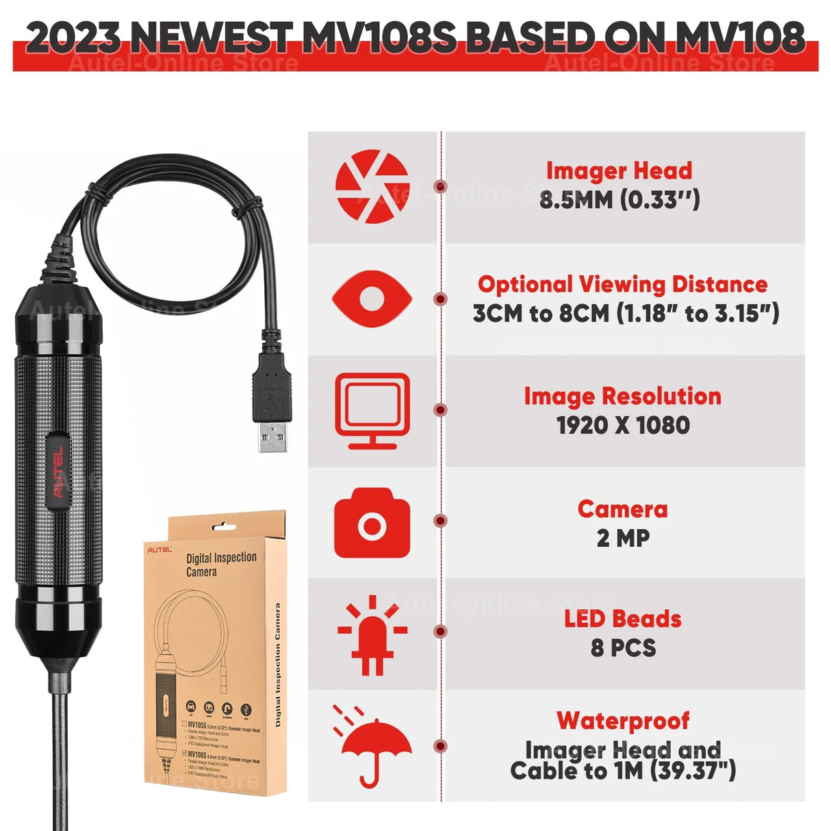 Autel MaxiVideo MV108S Camera MV108S Endoscope Inspection Tool 1920x1080 Resolution 8.5mm/0.33" Digital Inspection Camera