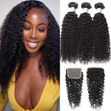 Brazilian Remy Kinky Curly Human Hair Bundles With Closure HD Lace Transparent 4x4 Lace Closure and Weave Bundle 12A Soft Hair