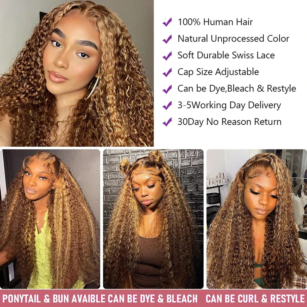 40 Inch Deep Wave Highlight Ombre Lace Front Wig 13x4 Curly Human Hair Wigs Brazilian 250 Density Glueless HD Lace Frontal Wig