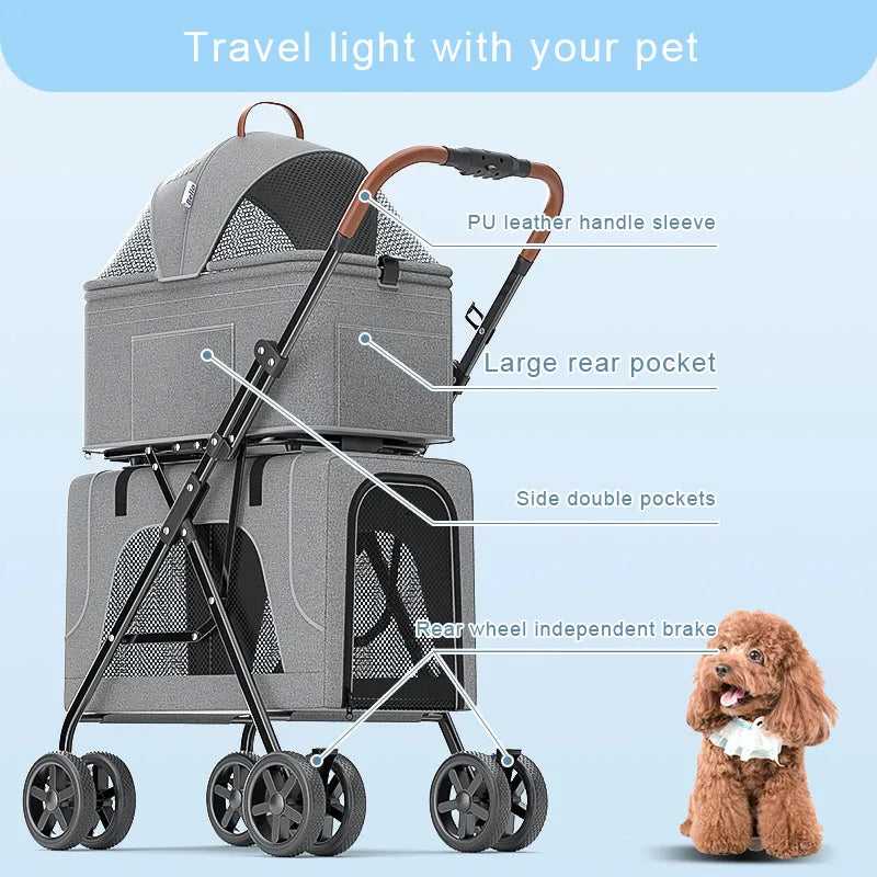 Bello Stroller 3 in 1 Stroller Double Decker Trolley Folding Stroller Bag Cat Bag Carrier for Cat Outdoor Travelling  Puppy T