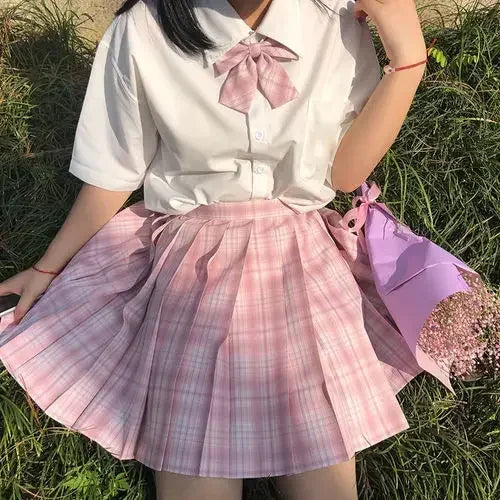 Japanese Uniform Korean School JK Uniform Shirt Plaid Skirt Set South Korea Students Short Sleeve Pleated Skirt Set Girl Seifuku