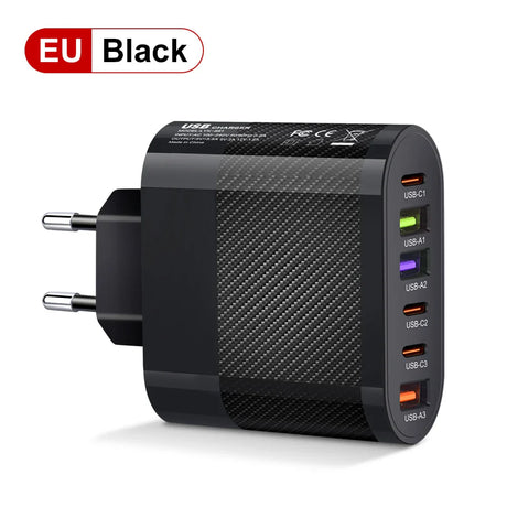 65W USB C Charger Multiple 6 Ports Type C PD Fast Charging Mobile Phone Wall Adapter for iPhone 14 15 Pro Xiaomi Samsung Oneplus