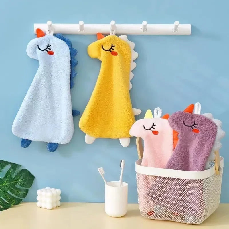 Coral Fleece Hangable Thicken Towel Cartoon Dinosaur Towel Cute Absorbent Hand Towels Cleaning Cloth Rag Handkerchief