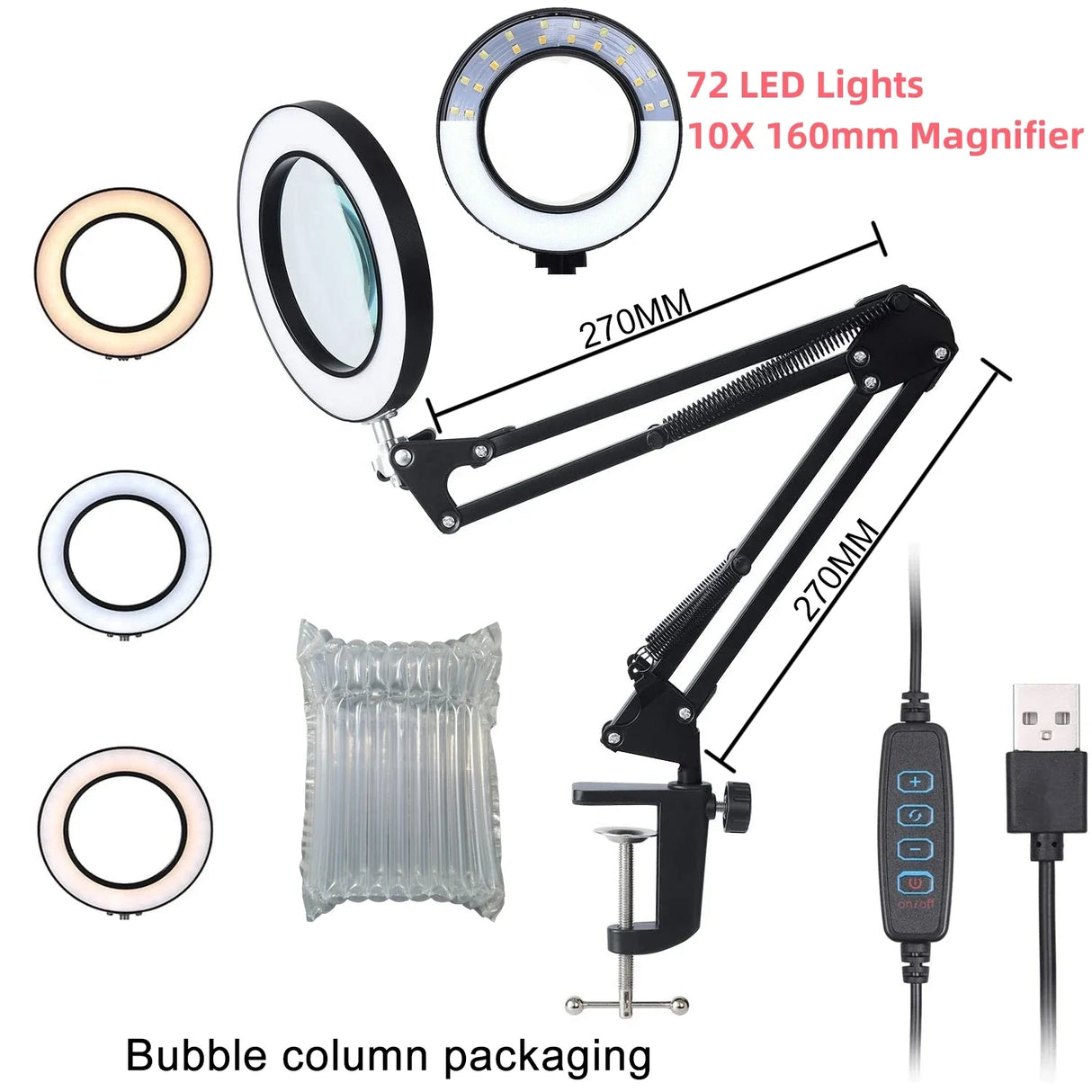 72LED 10X NEW Illuminated Magnifier USB 3 Colors LED Magnifying Glass for Soldering Iron Repair/Table Lamp/Skincare Beauty Tool