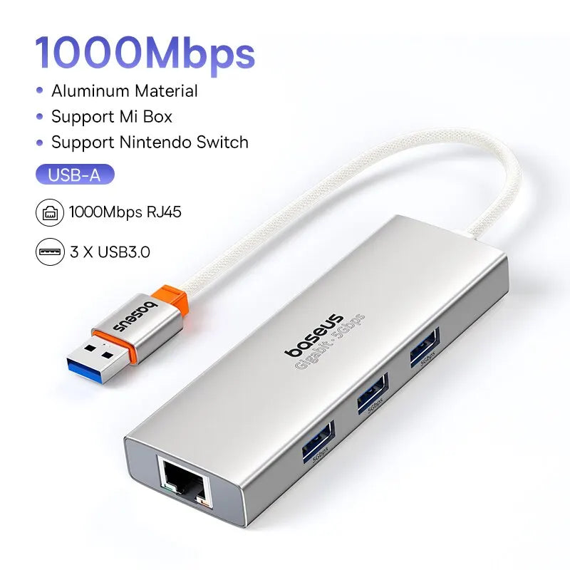 Baseus USB Hub With1000Mbps Ethernet Port 3* USB 3.0 Usb Adapter RJ45 Lan USB C Hub for PC Mi Box Macbook Laptop Accessories