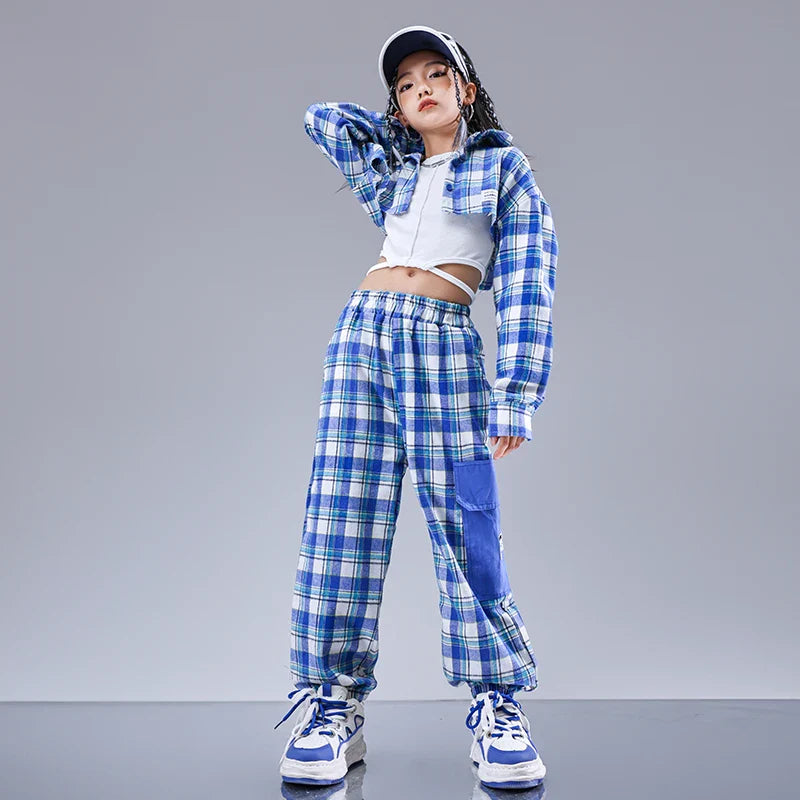 Girls Hip Hop Cool Shirt Street Dance Baggy Cargo Pants Children Crop Plaid Jacket Streetwear Kids Jazz Joggers Clothes Sets