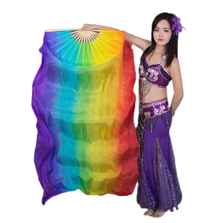 Professional Bellydance Silk Veils Light Weight 100% Silk Fan Hand Paint Colorful Dancer Performance Props Extra Long Flowy 1.8m