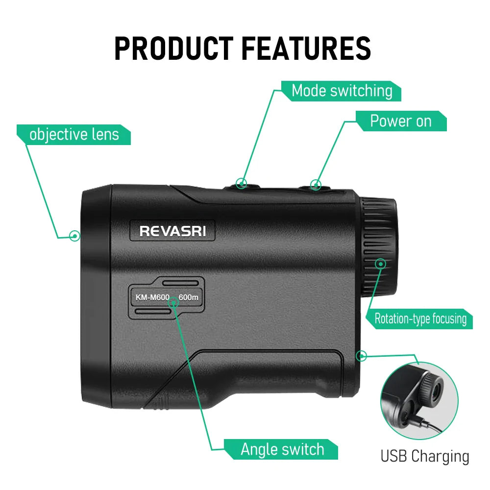 REVASRI KM-M600 Golf Laser Rangefinder 600M Rechargeable Distance Meter With Slope and Flag Lock Vibration for Golfing Promotion