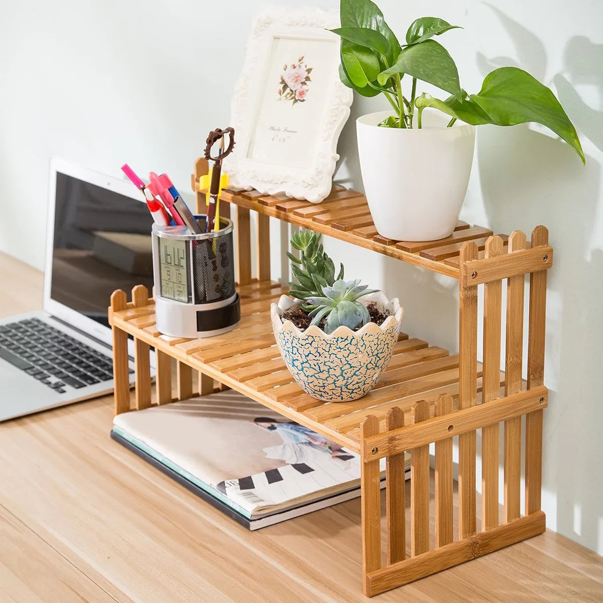 Natural Bamboo Indoor Plant Stand for Desk,2 Tier Desktop Shelf Organizer Rack with 2 Slatted Shelves For Office Kitchen Rack