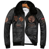 Detachable Natural Fur Collar Genuine Cowhide Men Leather Jacket Patches Flight Jacket Air Force Pilot Coat Winter Bomber Jacket