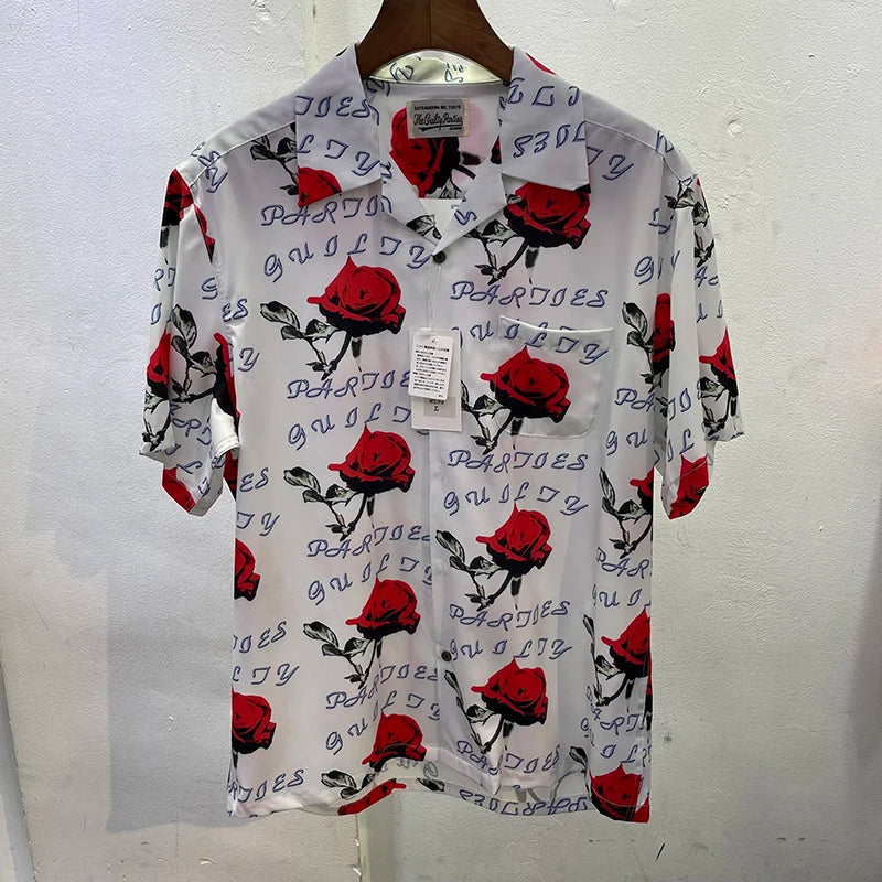 Summer New Wacko Maria Beach Shirt for Men Hip Hop Rose Red Portrait Full Print Harajuku Loose Short Sleeve Marley Same Style