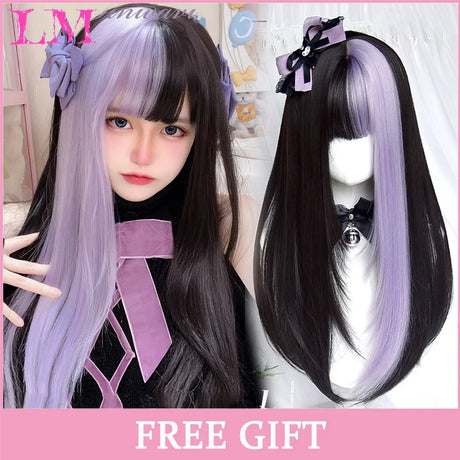 LM Cosplay Wig With Bangs Synthetic Straight Hair 24 Inch Long Heat-Resistant Pink Wig For Women