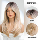 Layered Synthetic Wigs Black Blonde Ombre Highlight White Wig with Bangs Shoulder Length Hair for Women Daily Use Heat Resistant