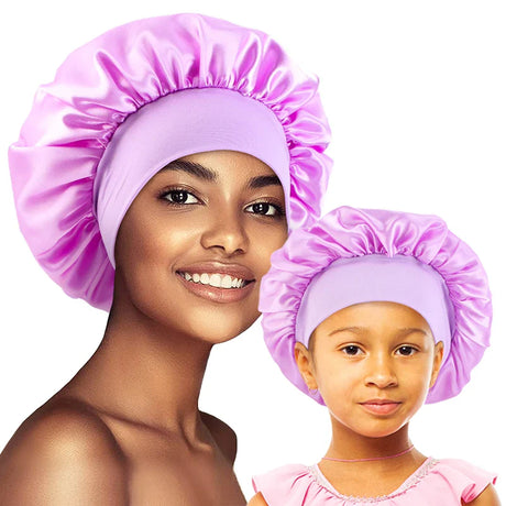 2PCS Mommy and Me set Elastic Band Satin Silky Bonnet Sleep Cap For Women Men Unisex Hair Care Bonnet Nightcap Satin Bath Cap