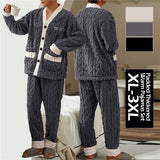 2024 New Men Winter Warm Flannel Pajamas Set V-Neck Fluffy Coat + Long Pants Male Sleepwear For Sleeping 2 Pieces Housewear 3xl