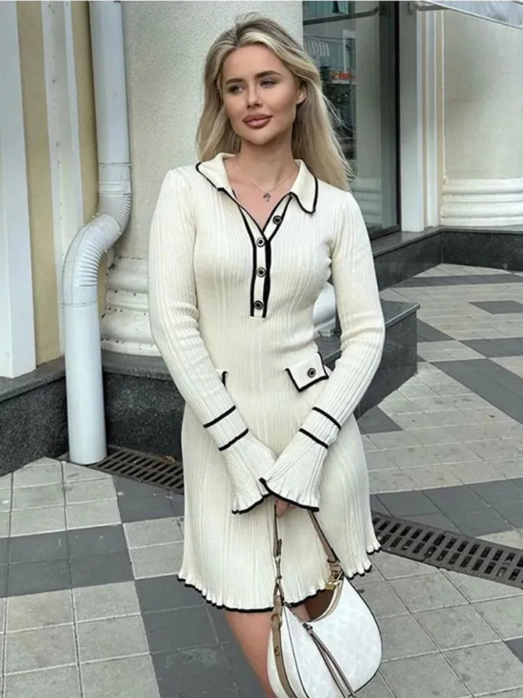 Contrast Ruffled Knitted Dress Women Fashion Spring Long Sleeve Single Breasted Midi Dresses 2024 Lapel High Waist Vestidos