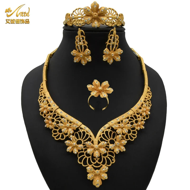 ANIID Indian Jewellery Set Party Wedding Dubai Gold Color Jewelry For Women Necklac Bracelet Earring Gift Nigeria Ethiopian