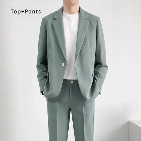 S-6XL Men's Business Casual Suit Korean Style Trendy Slim Fit 2 Piece Set Solid Color （Blazer+ Pants )Groom Wedding Dress Party