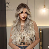 Blonde Unicorn Ombre Brown Blonde Synthetic Wig Long Wavy Wigs with Bangs Daily Cosplay Party Use Heat Resistant Fiber for Women