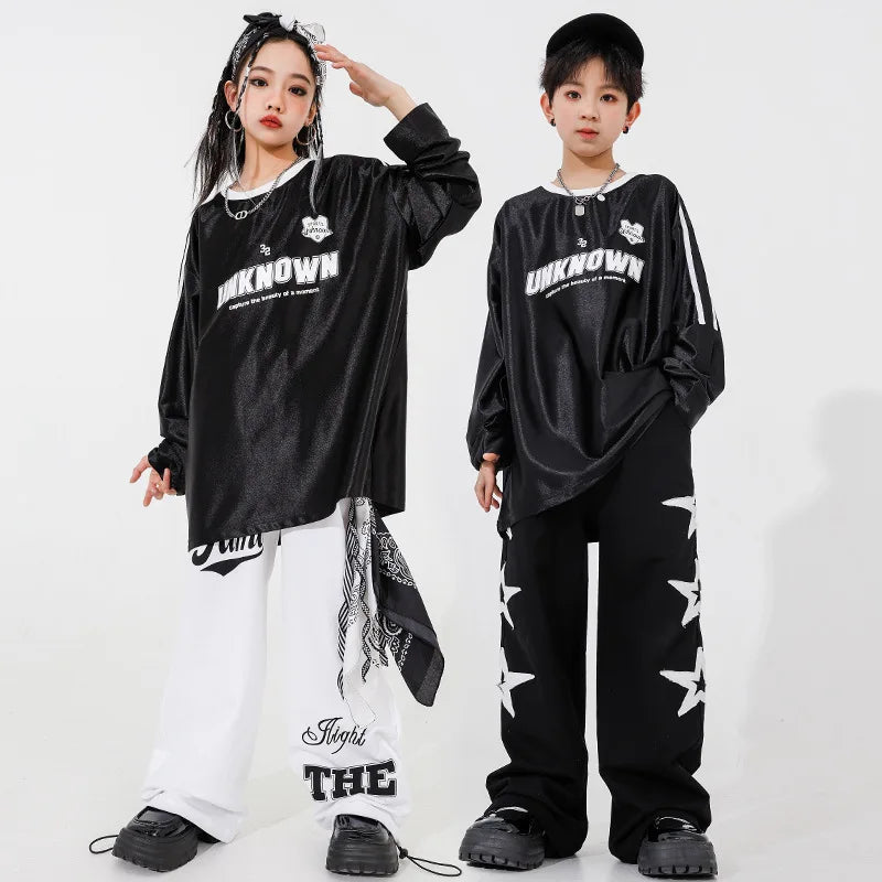 New Teenagers Kids Hip Hop Dance Costume Long Sleeve Tops Baggy Pants Boys Street Dance Wear Girls Jazz K-pop Performance Suit