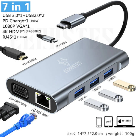 CERASTES NEW USB C HUB Type C to Multi 4KHD RJ45 VGA 4 USB 3.0 PD Power Adapter Docking Station for MacBooks Laptop Hub