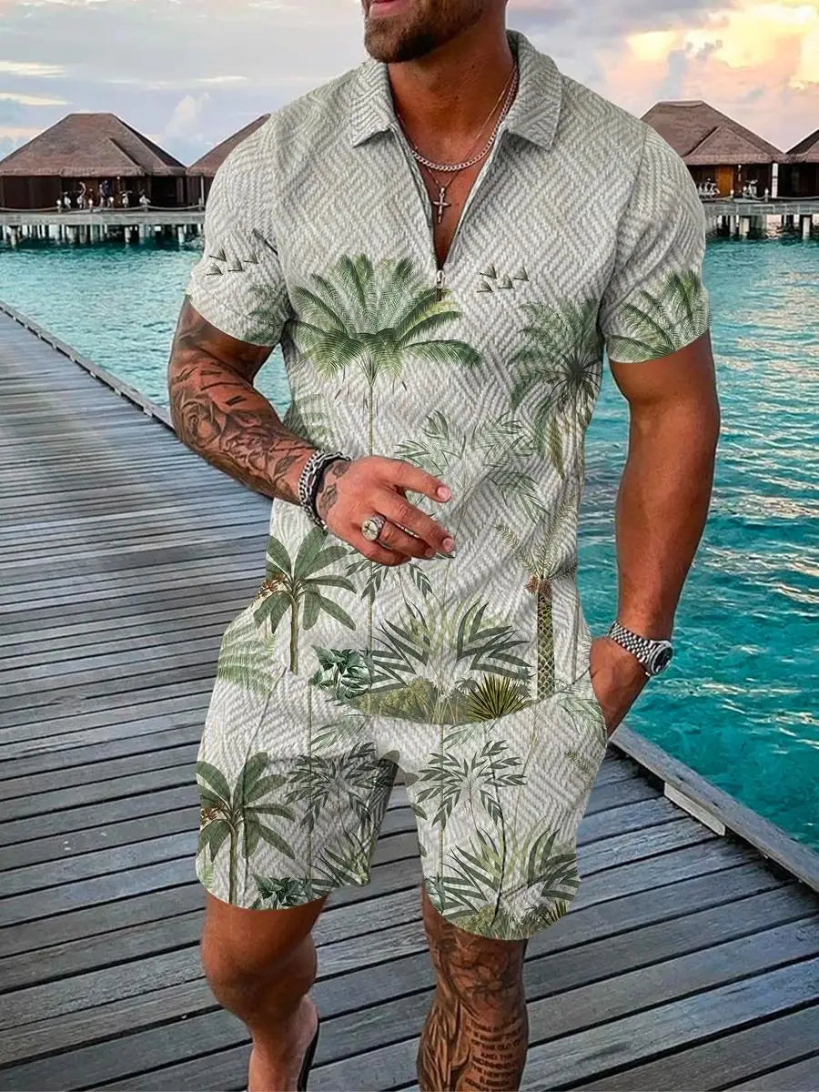 Hawaiian Polo Set Men Tracksuit Sets Summer 3D Beach Outfits Polo Shirt Shorts 2pcs Sets Zipper Coconut Tree Casual man Clothing