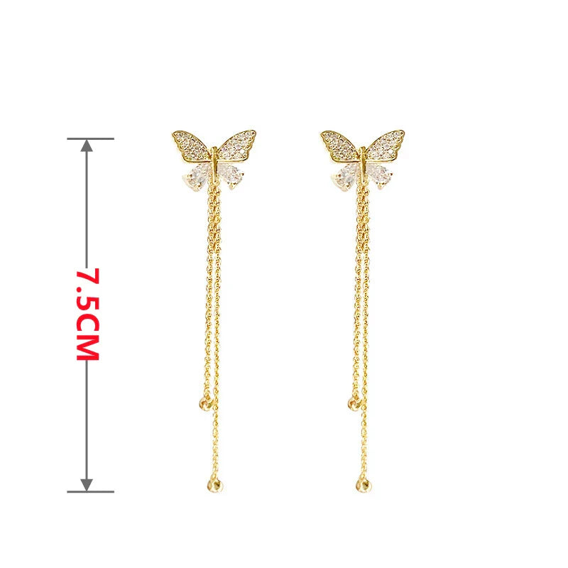 Butterfly Crystal Long Tassel Dangling Earrings For Women Korean Fashion Dainty Gold Plated Drop Earrings Jewelry Accessories