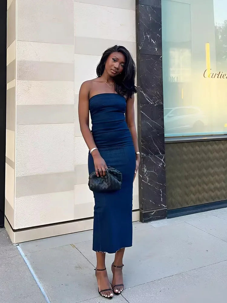 TRAF Off Shoulder Denim Dress Woman Blue Corset Long Dress Women Midi Bodycon Dresses For Women 2023 Elegant Party Dresses