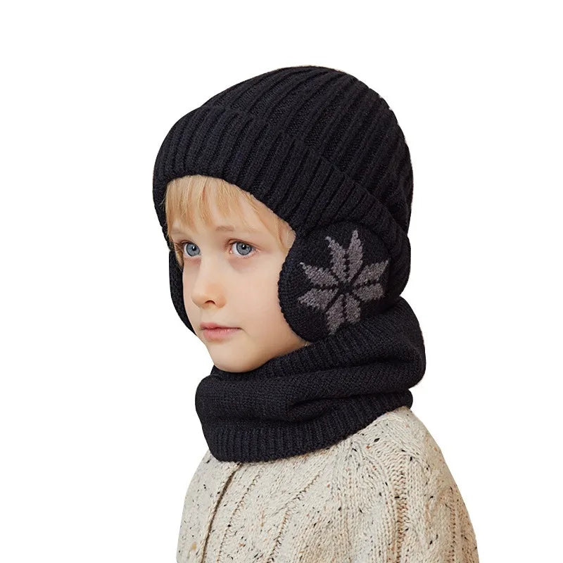 Children Hat Scarf Set Kids Beanie Caps Knitted Scarf Cap Ear Protection Winter Fleece Warm Scarf Hat for Baby Boys Girls 4-10Y