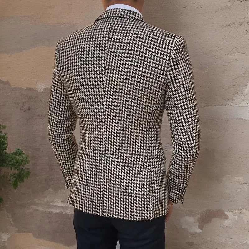 Houndstooth Plaid Blazer for Men One Piece Suit Jacket with 2 Side Slit Slim Fit Casual Male Coat Fashion Clothes 2023