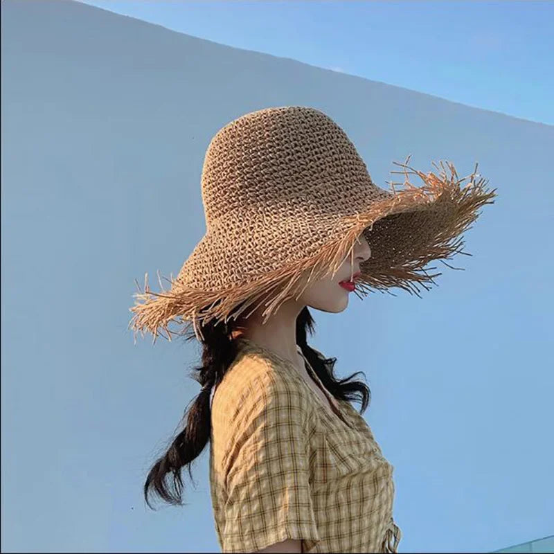 Women's Large Brim Straw Beach Hats Girl Cap Breathable Sunscreen Uv Protection Ladies Sun Visor Female Big Brim Straw Empty