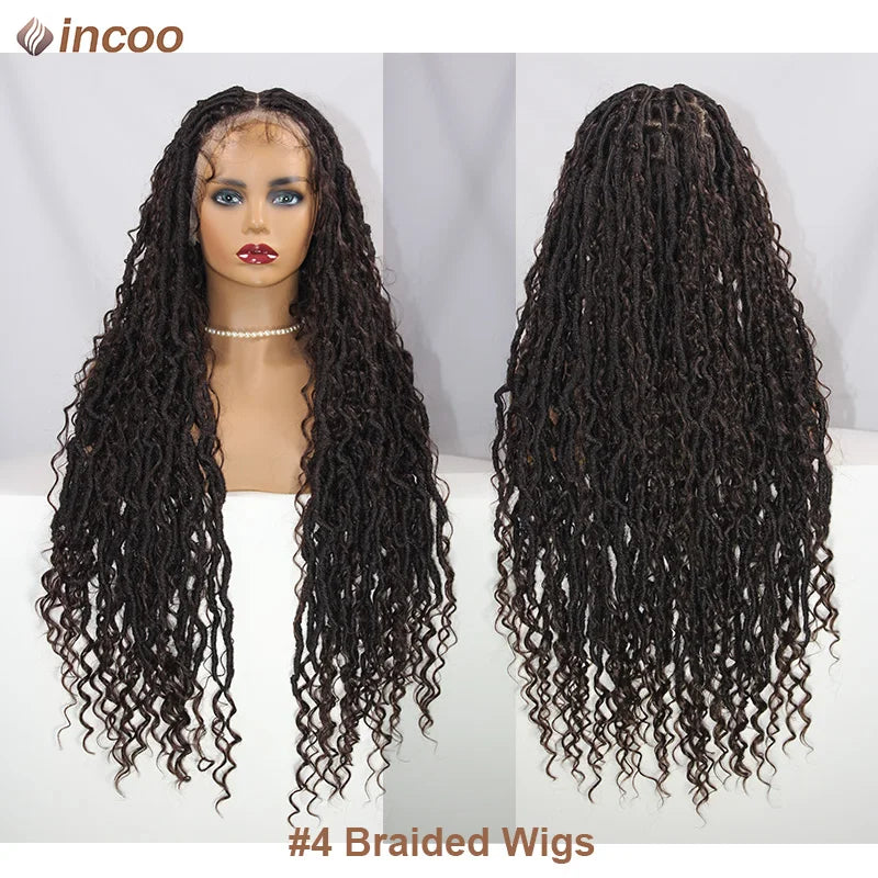 32" Synthetic Full Lace Front Wigs Locs Braided Wig With Curly Hair Pre Pluck Box Twisted Braided Wigs Goddess Boho African Wigs