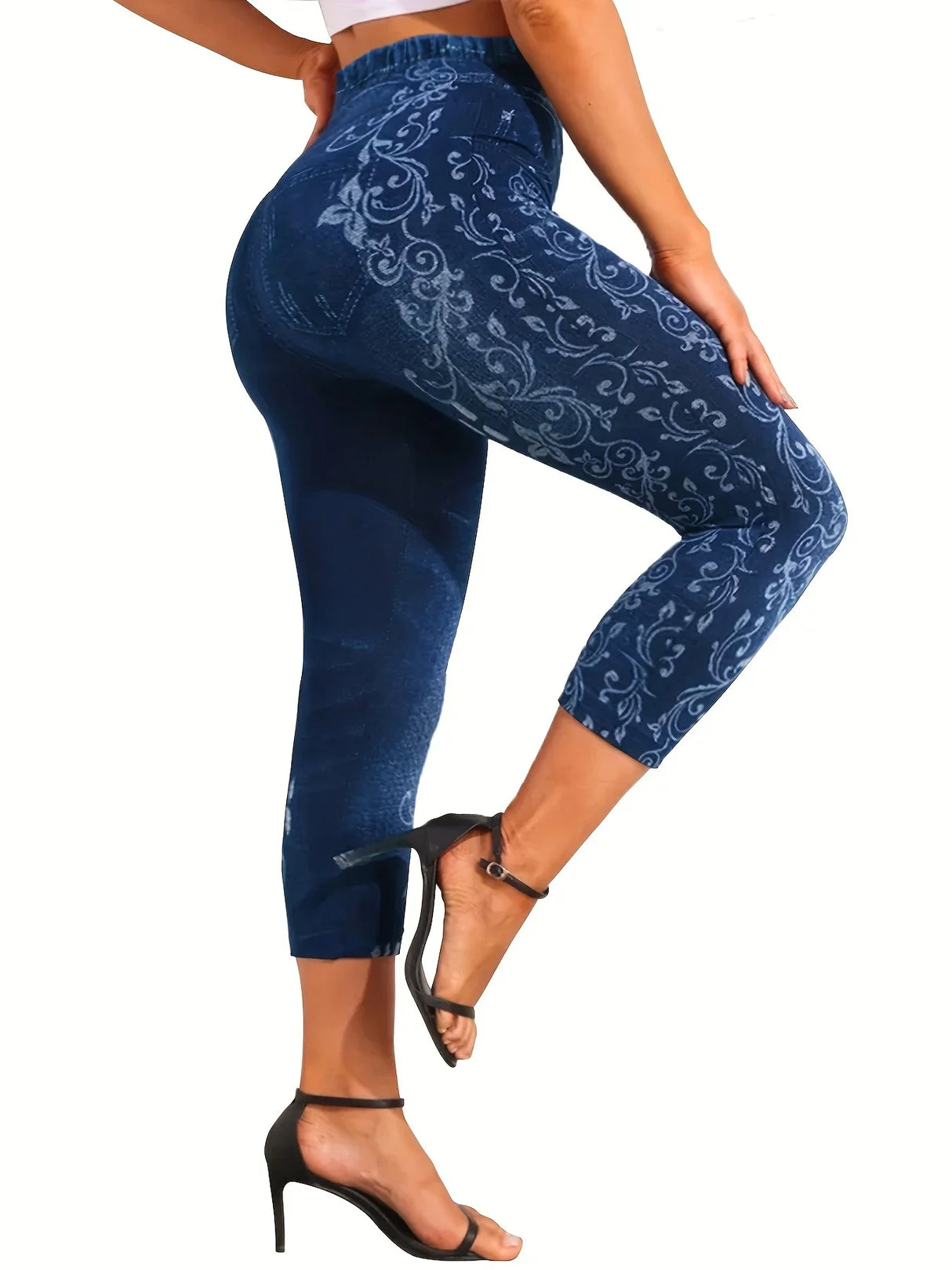 Women's Plus Size Sports Leggings, Lady Oversize Denim Print & Floral High Rise Skinny Slight Stretch Capri Tight Pants