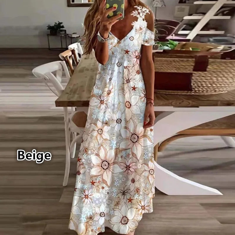 Plus Size Women Floral Print Maxi Dress Boho Lace Sling Hollow Out Long Dress Casual Loose V-Neck Beach Party dress Vestidos