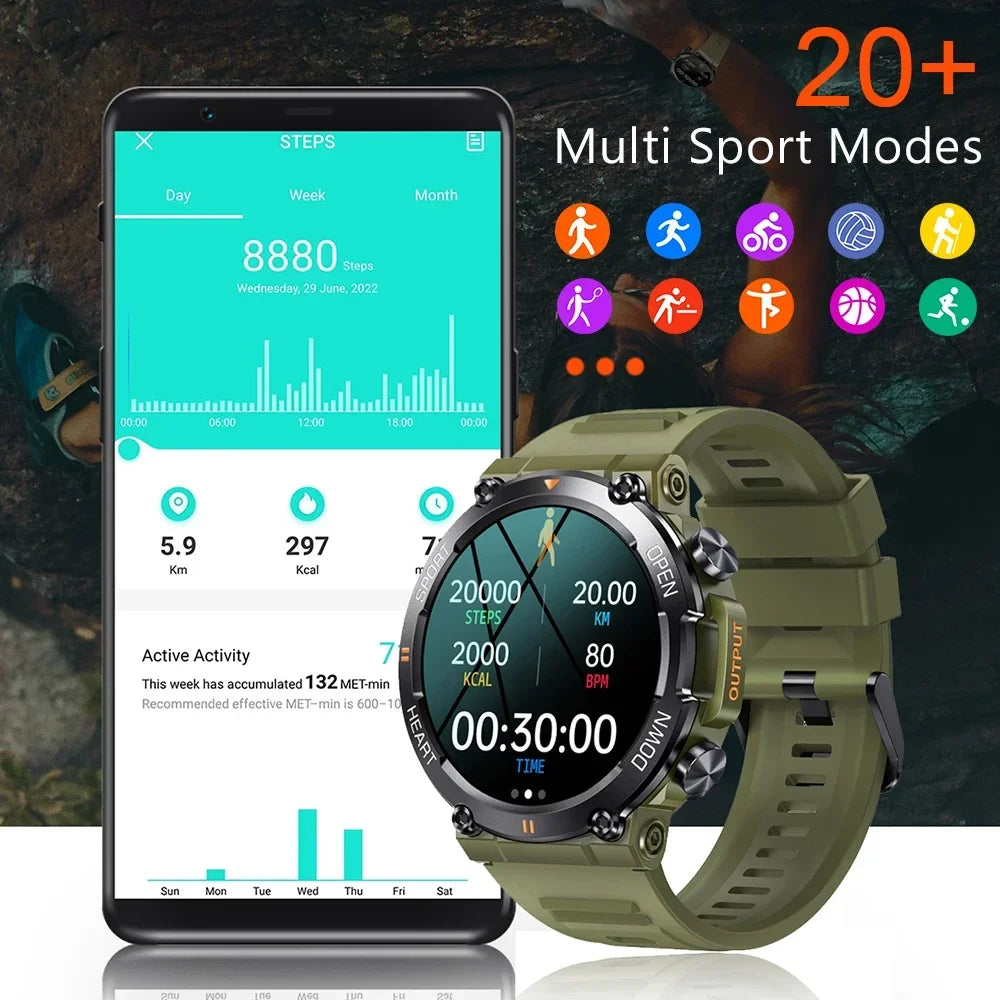 Military Men Smart Watch 400mAh BT HD Calling Music Fitness Tracker 100+ Dial Sport Waterproof Smartwatch for Android Phone 2024