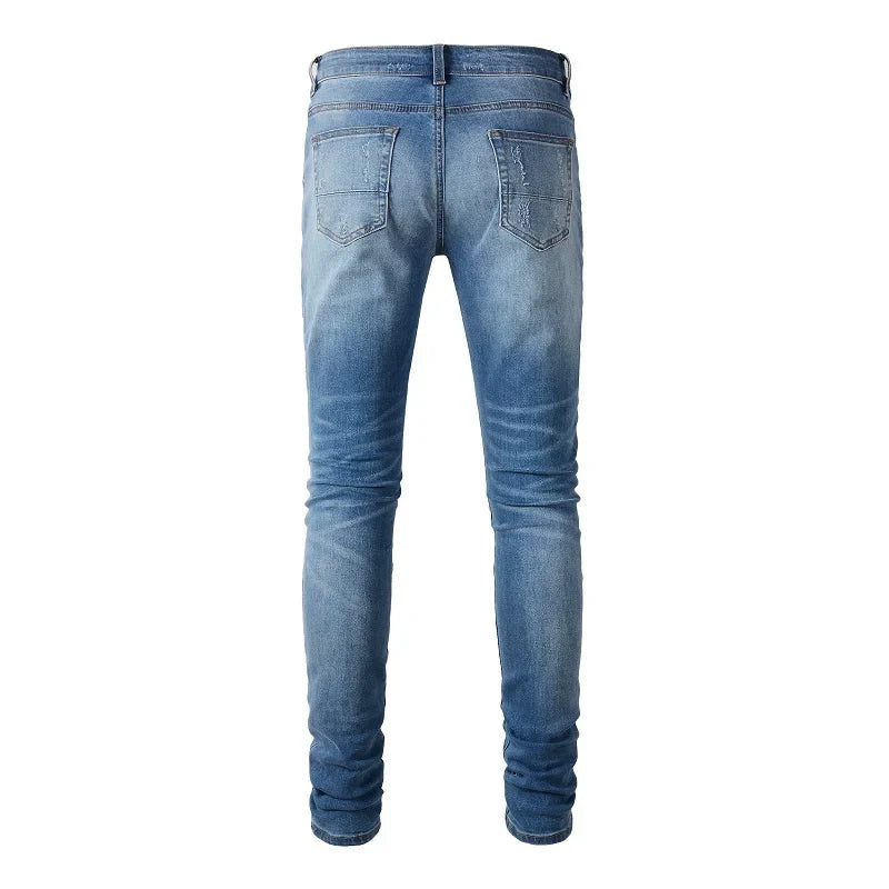 Men Stretch Denim Biker Jeans Classic Blue Pleated Patch Patchwork Ripped Pants Streetwear Skinny Tapered Trousers