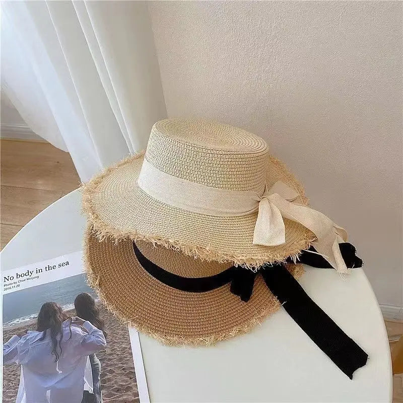 Handmade Ins Straw Hat Raw Edge Shian Hat Flat Brim During Vacation On Beach Sunlight Prevented Sun Hat Make Face look Small